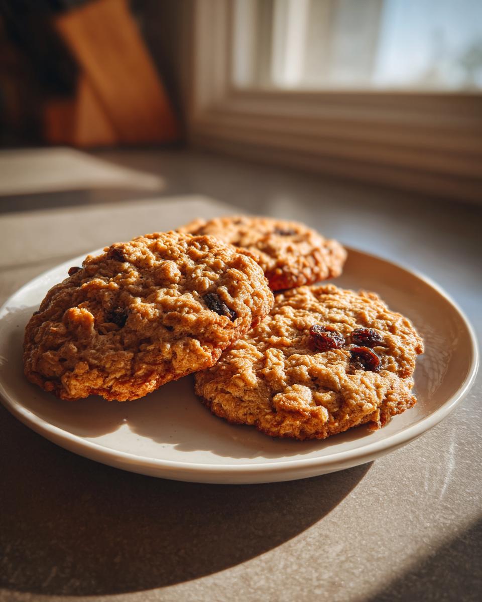 Three golden brown oatmeal raisin cookies stacked slightly on a light plate, illuminated by warm sunlight.