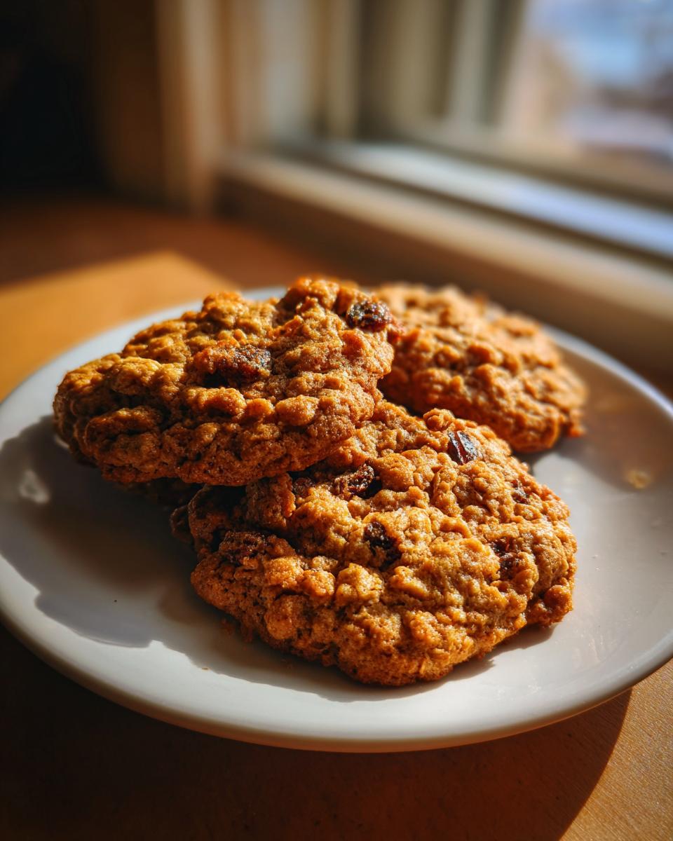 Three freshly baked oatmeal raisin cookies stacked on a white plate, illuminated by natural window light.