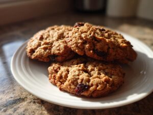 Three golden brown oatmeal raisin cookies stacked slightly on a white plate, illuminated by sunlight.