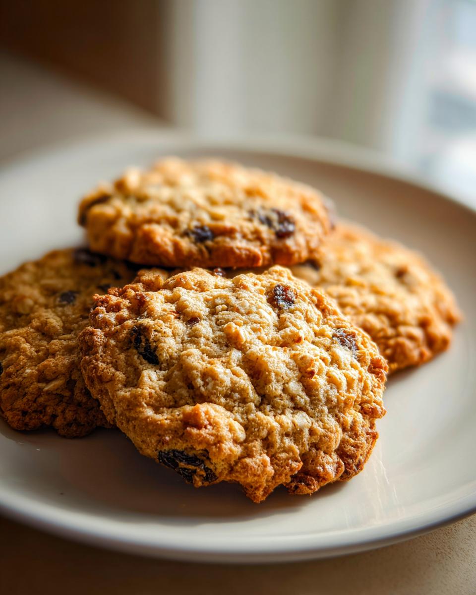 A stack of freshly baked, golden brown oatmeal raisin cookies resting on a light-colored plate.
