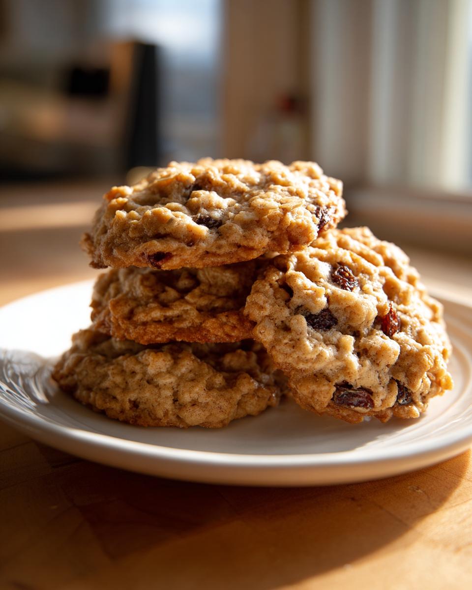 A stack of four chewy brown butter oatmeal raisin cookies resting on a white plate.