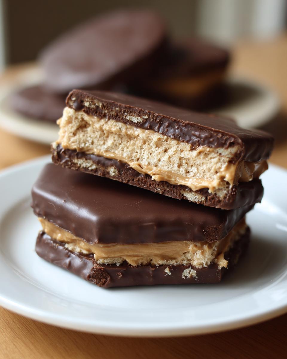 Close-up of two stacked Buckeye Graham Crackers cut in half, showing the peanut butter filling between chocolate-coated graham crackers.