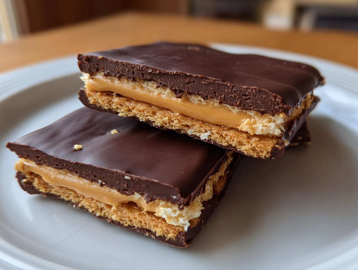 Two stacked homemade buckeye graham crackers showing layers of chocolate, peanut butter filling, and graham cracker base.