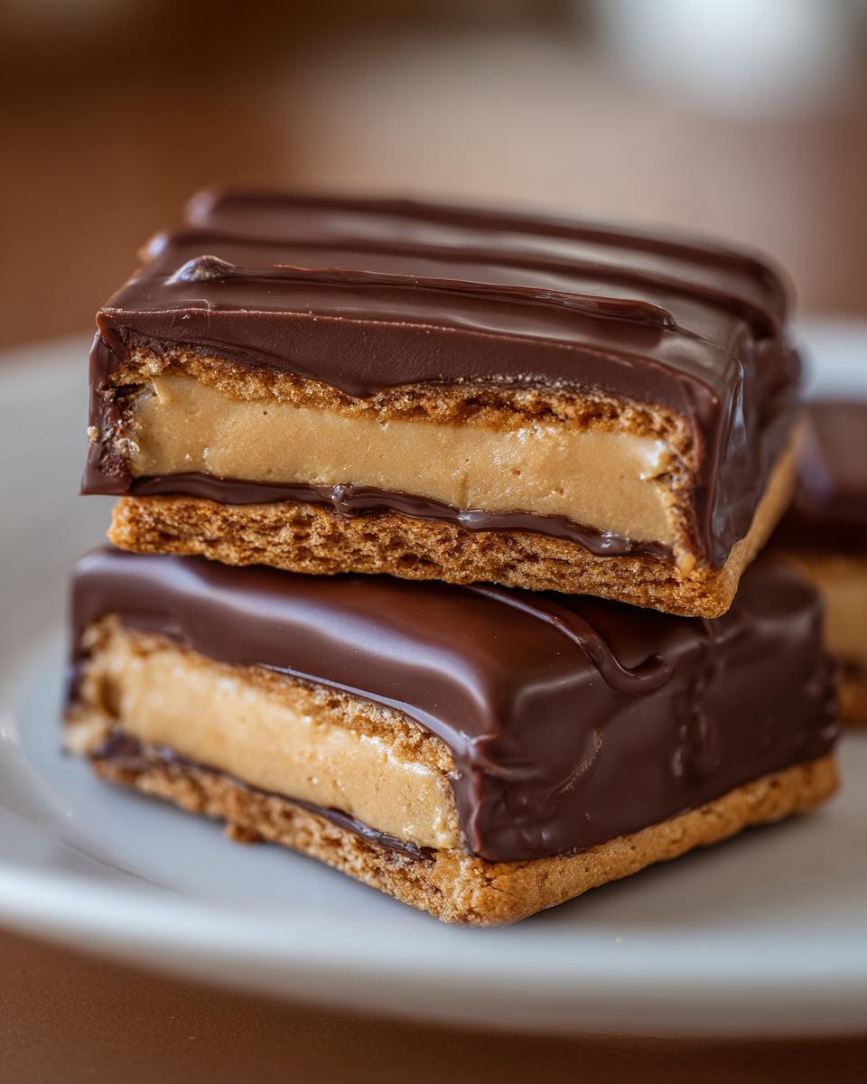 Two stacked homemade buckeye graham crackers cut in half, showing peanut butter filling and chocolate coating.