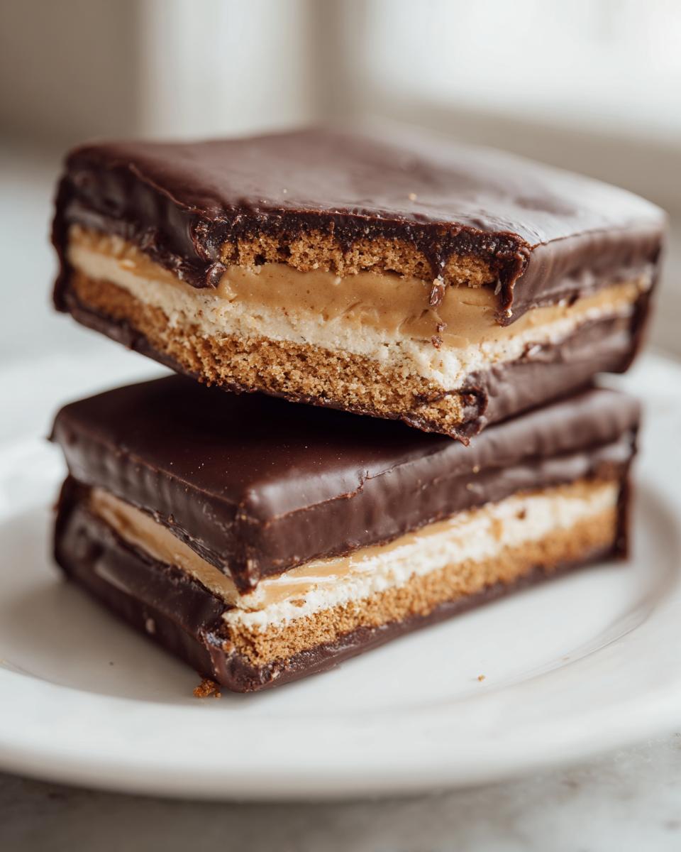 Two stacked buckeye graham crackers cut in half showing layers of graham, peanut butter, cream, and chocolate coating.