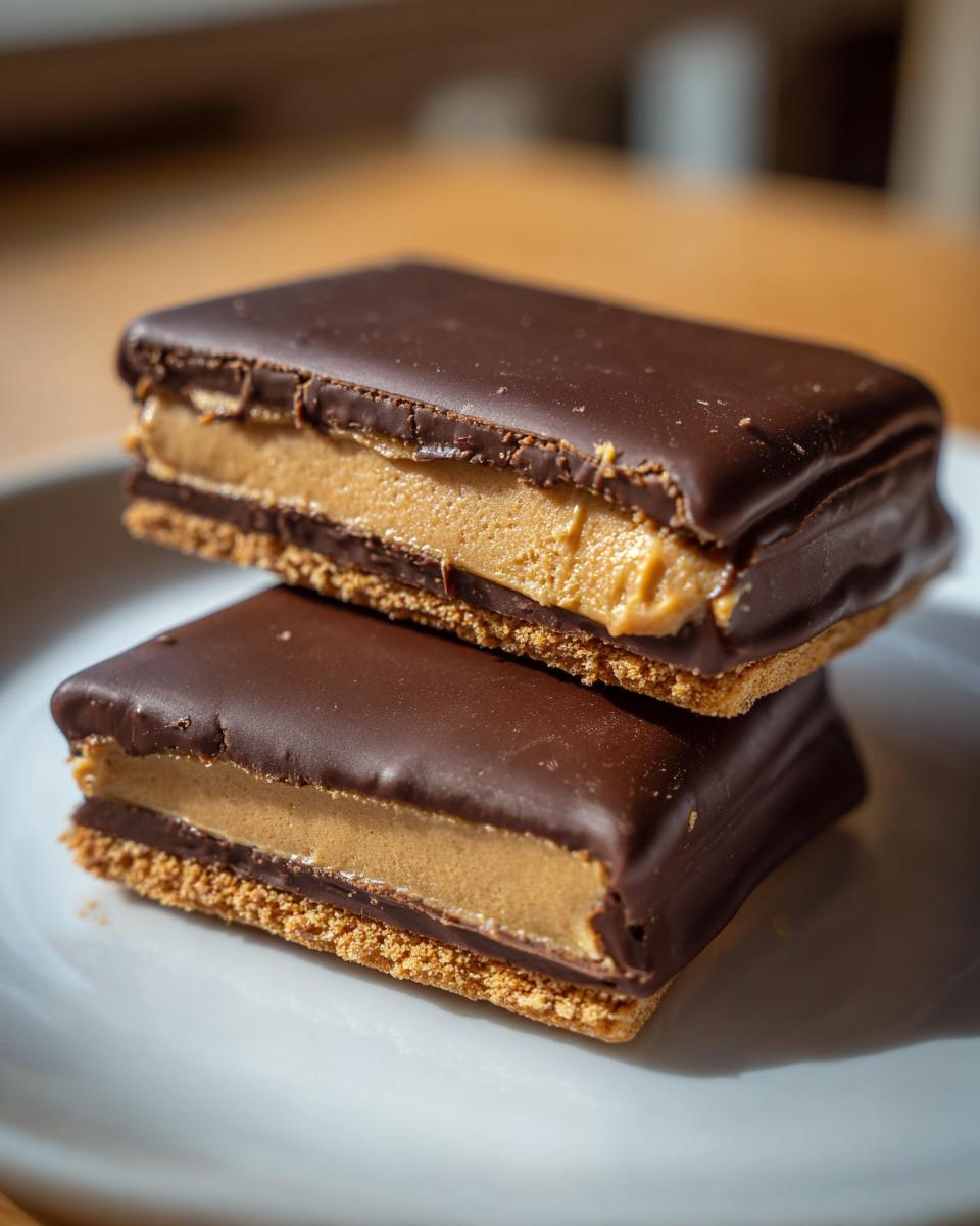 Two delicious buckeye graham crackers stacked, showing the peanut butter filling and chocolate coating.