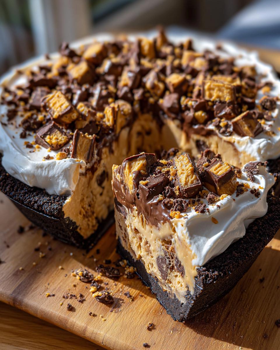 A slice of rich butterfinger pie featuring a dark crust, peanut butter filling, whipped cream, and chopped candy.