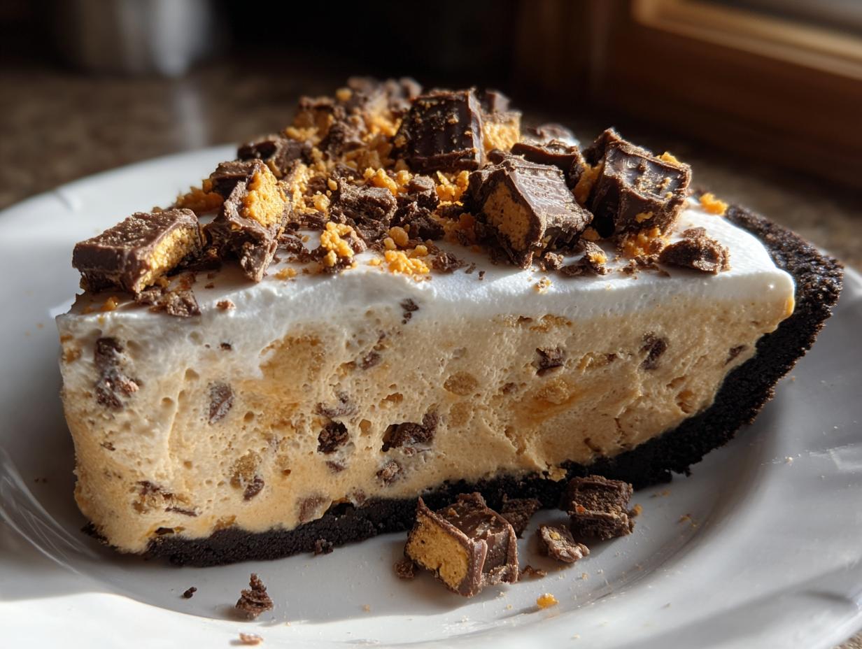 A close-up slice of no-bake butterfinger pie with a chocolate crust, creamy filling, and topped with whipped cream and chopped Butterfinger pieces.