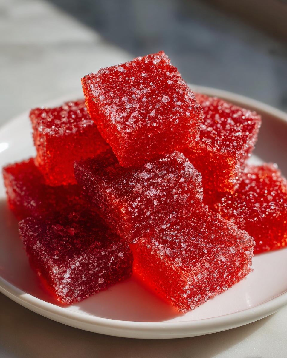 Close-up of sparkling red Candy Cane Fireball Gummies stacked on a small white plate.