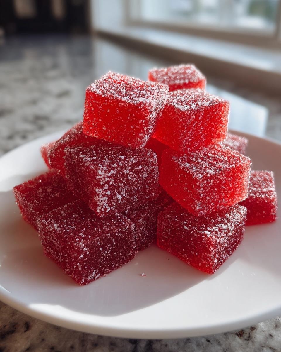 A stack of bright red, sugar-coated Candy Cane Fireball Gummies piled on a white plate.