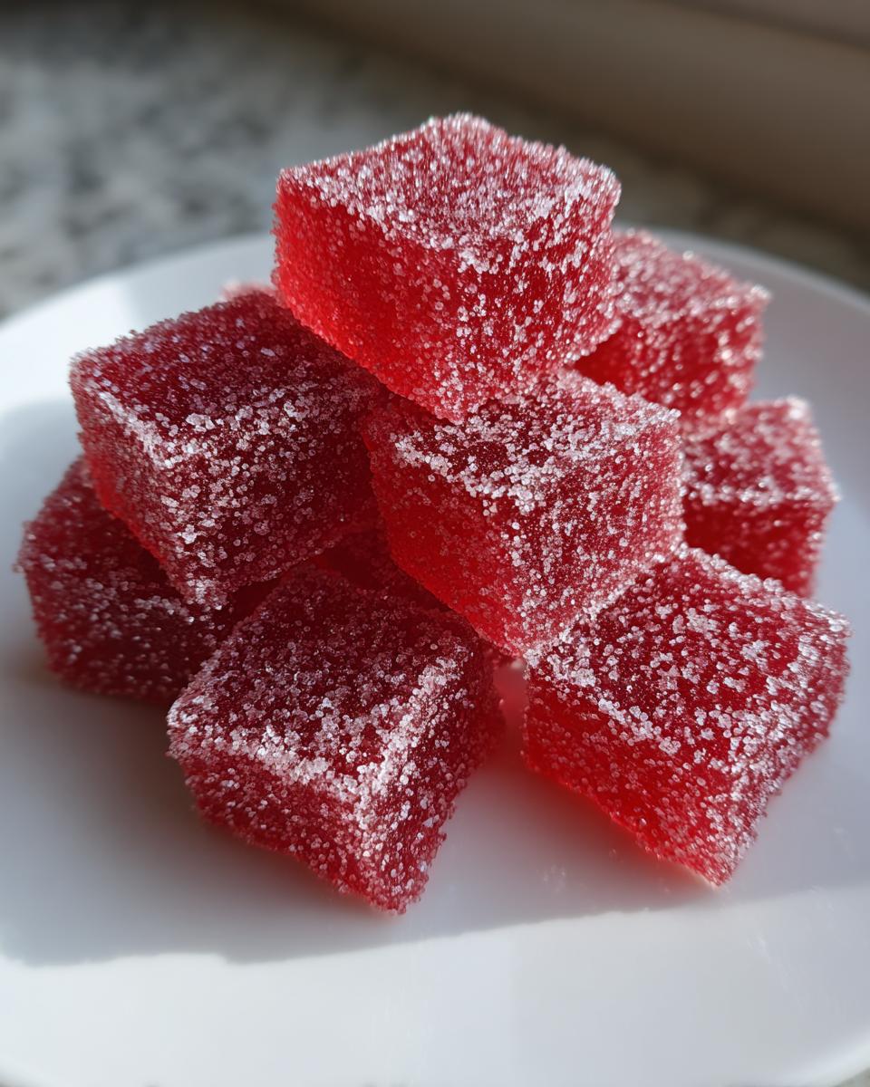 A stack of vibrant red, sugar-coated Candy Cane Fireball Gummies resting on a white plate.