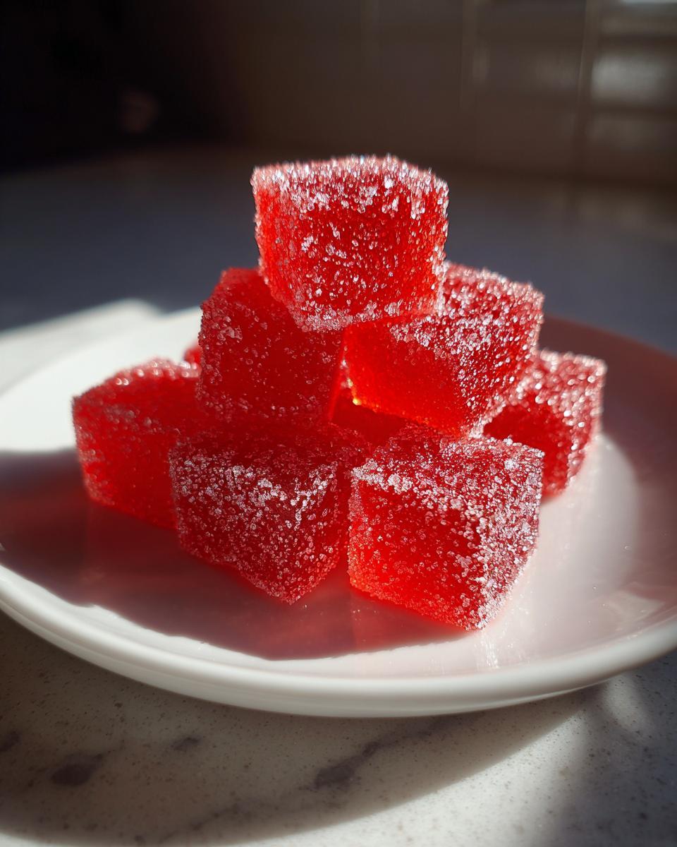 A stack of bright red, sugar-coated Candy Cane Fireball Gummies resting on a small white plate.