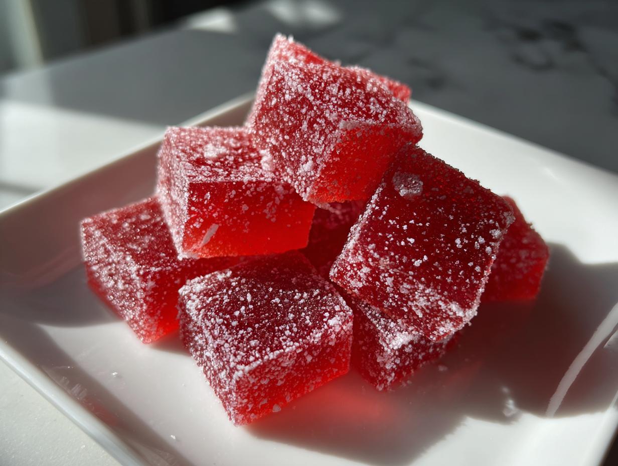 Close-up of bright red, sugar-coated Candy Cane Fireball Gummies stacked on a white square plate.