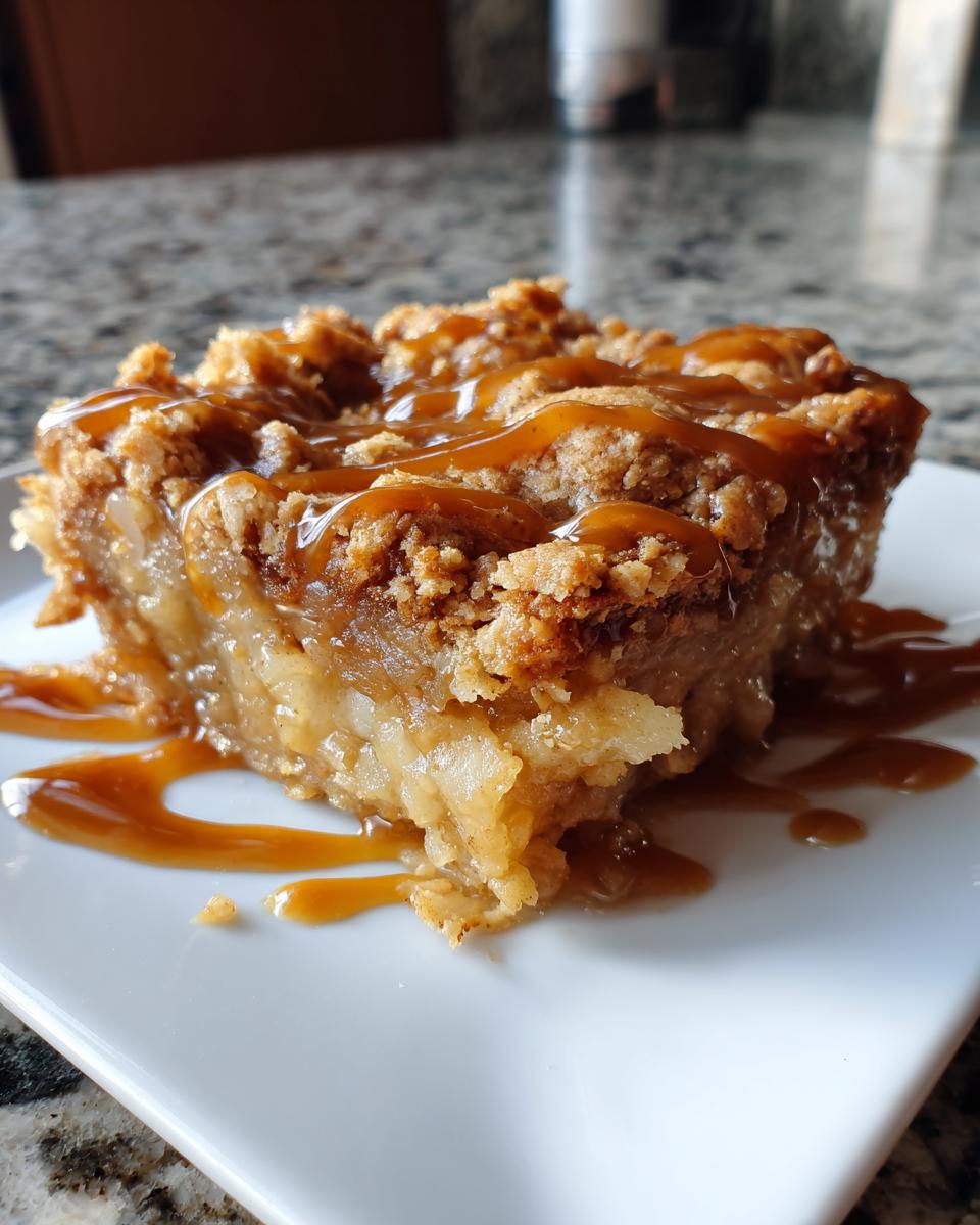A close-up of a square serving of caramel apple dump cake topped with a rich caramel drizzle.