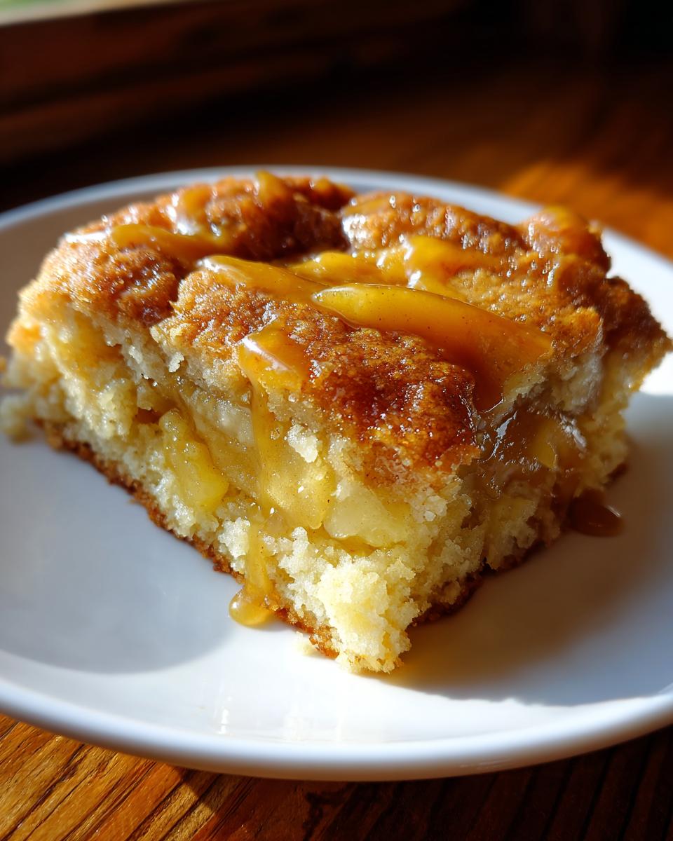 Close-up of a moist slice of caramel apple dump cake topped with gooey caramel sauce.