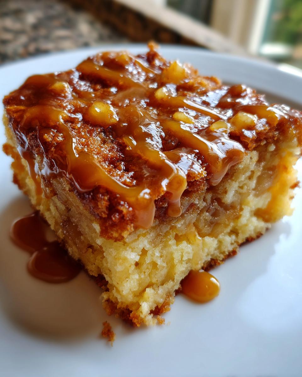 Close-up of a moist slice of caramel apple dump cake topped with thick caramel sauce and nuts.