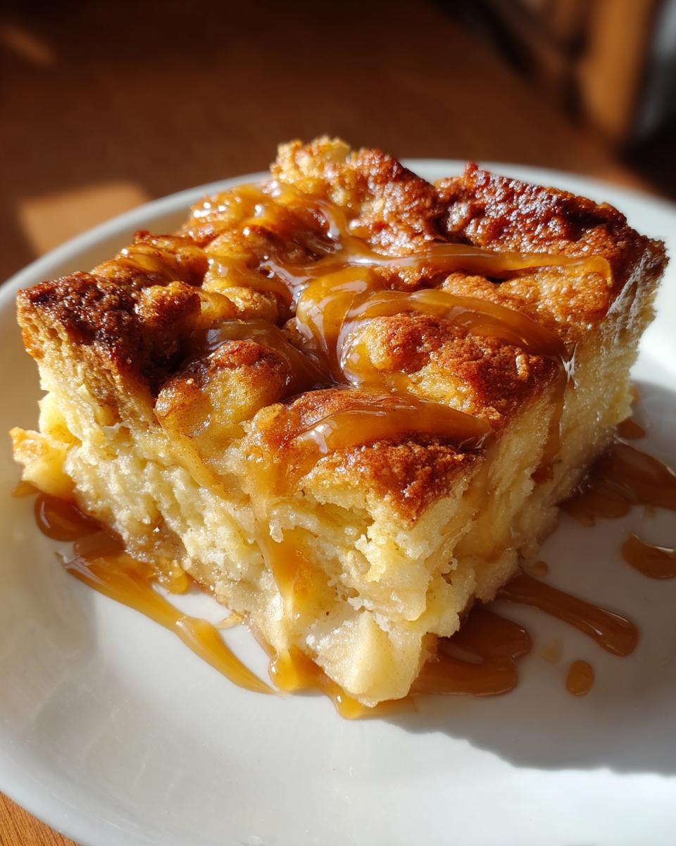 Close-up of a warm slice of caramel apple dump cake drizzled generously with caramel sauce on a white plate.