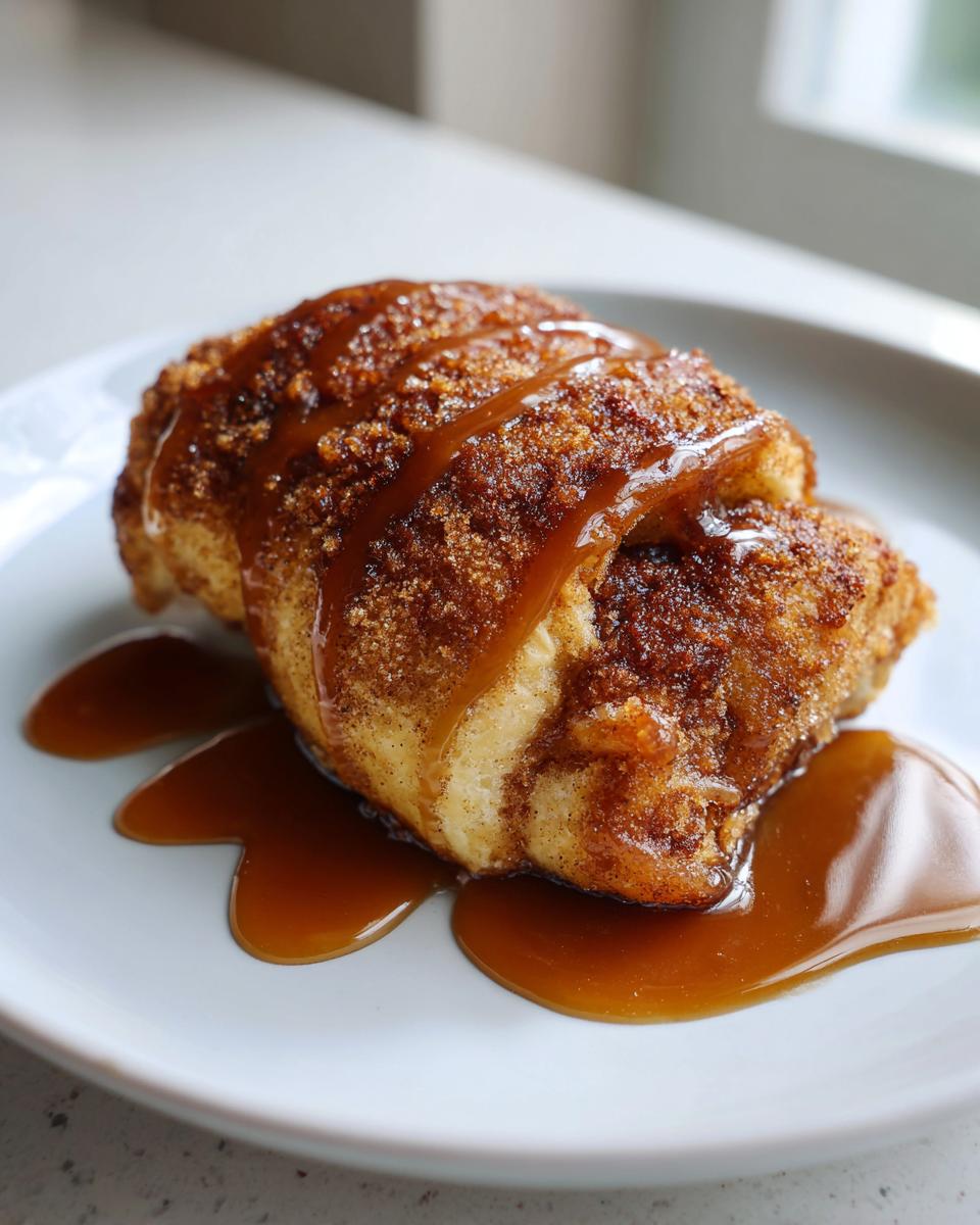 A single, warm apple dumpling coated in cinnamon sugar and drizzled heavily with caramel sauce.