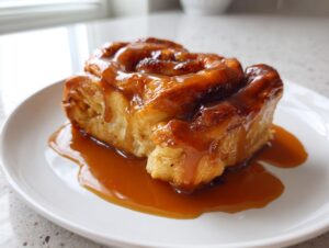 A close-up of a baked apple dumpling generously covered in rich caramel sauce on a white plate.