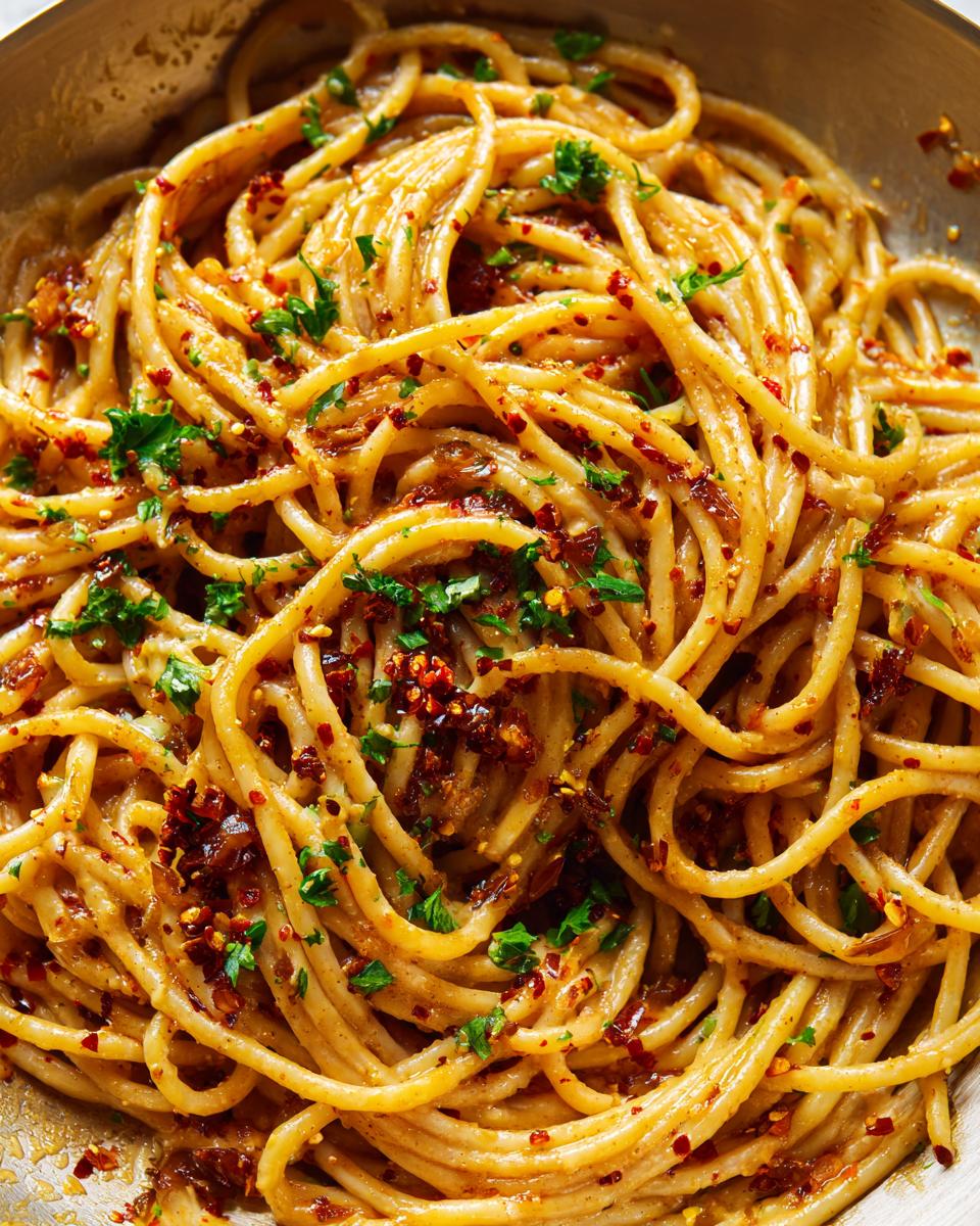 Close-up shot of spaghetti tossed in a rich sauce with caramelized onion pasta, chili flakes, and fresh parsley.