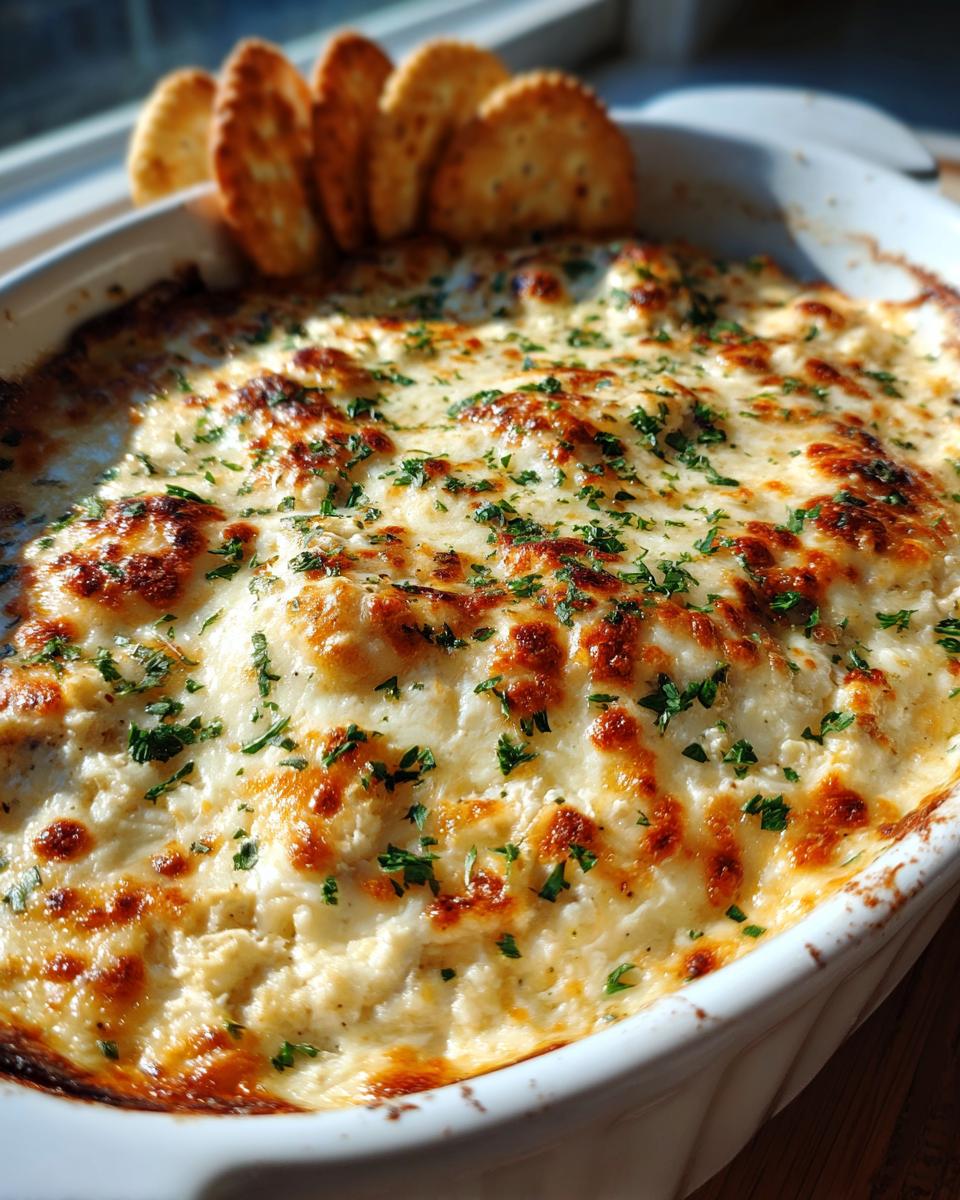 Close-up of hot, bubbly stuffed mushroom dip topped with browned cheese and parsley, served with crackers.