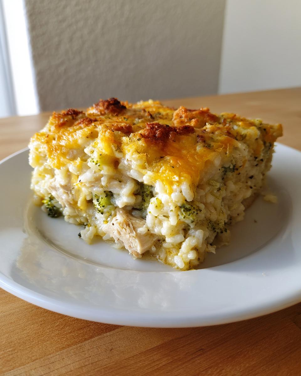 A square serving of creamy chicken and broccoli rice casserole topped with melted, browned cheddar cheese.