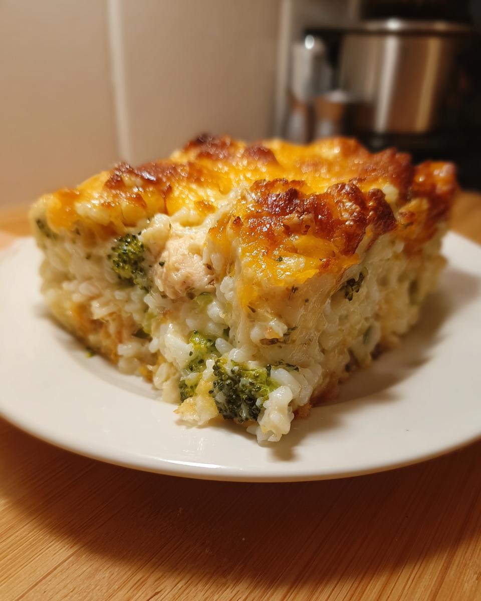 A square serving of creamy rice casserole with broccoli and chicken, topped with melted, browned cheese.