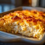 A close-up view of a portion of cheesy chicken and rice casserole with a golden, bubbly, and slightly browned cheese topping.