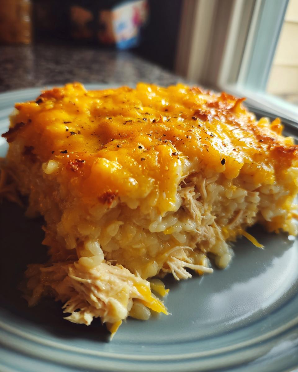 Close-up of a serving of cheesy Chicken and Rice Casserole showing shredded chicken and rice mix.