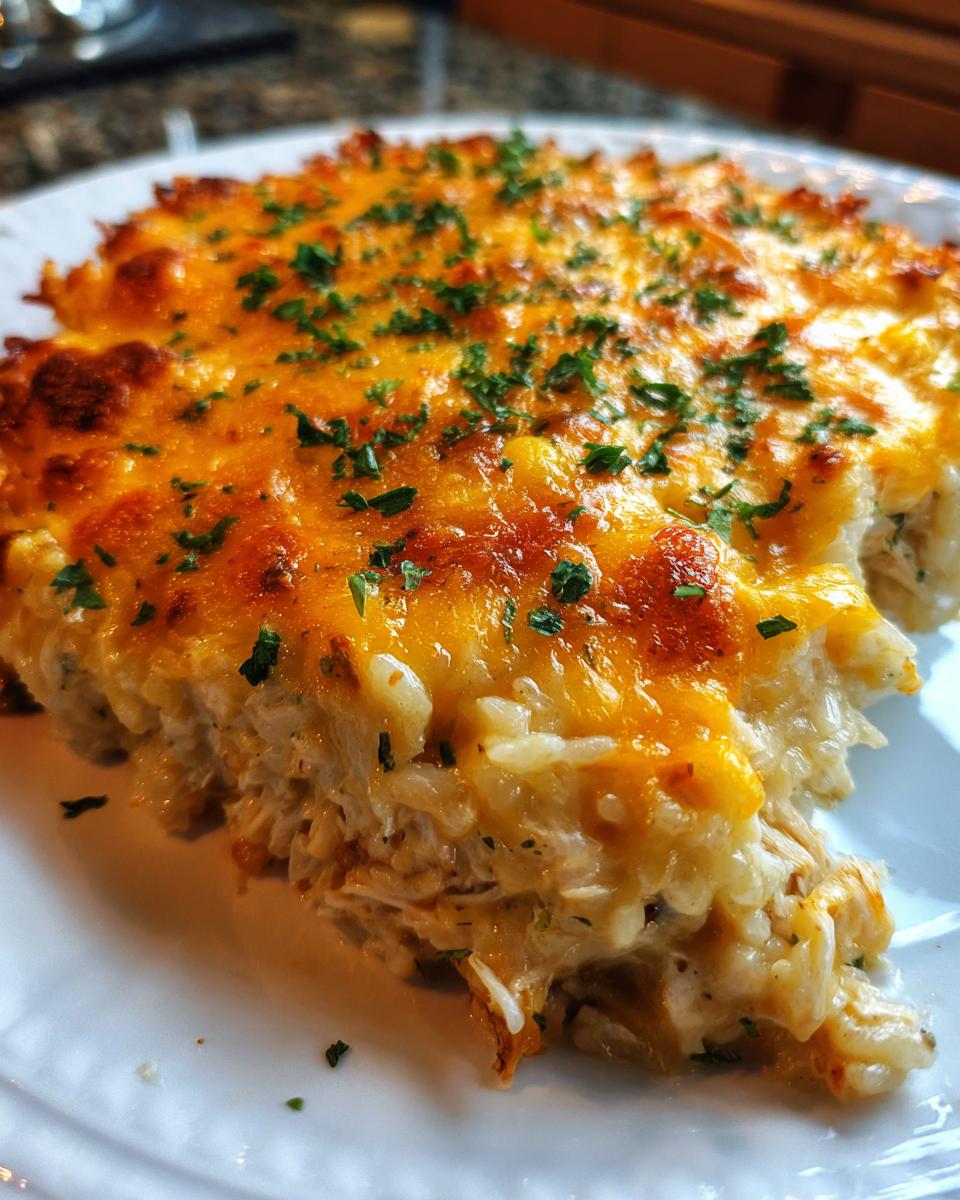 Close-up of a scoop of cheesy chicken and rice casserole with a golden, melted cheese topping and parsley.