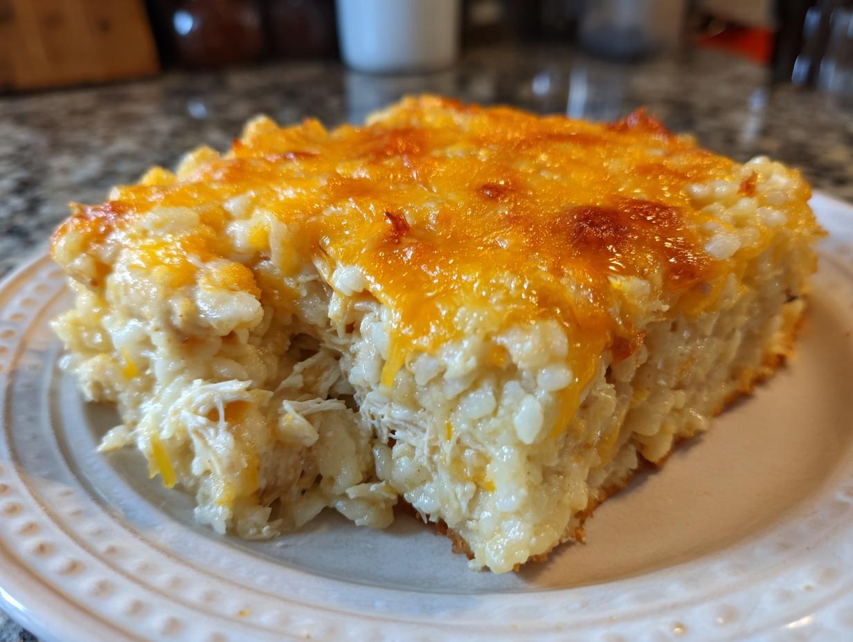 A close-up serving of creamy Chicken and Rice Casserole topped with melted, golden cheddar cheese.