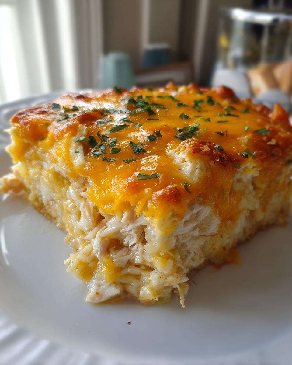 A close-up of a square serving of creamy Chicken and Rice Casserole topped with melted cheddar cheese and parsley.