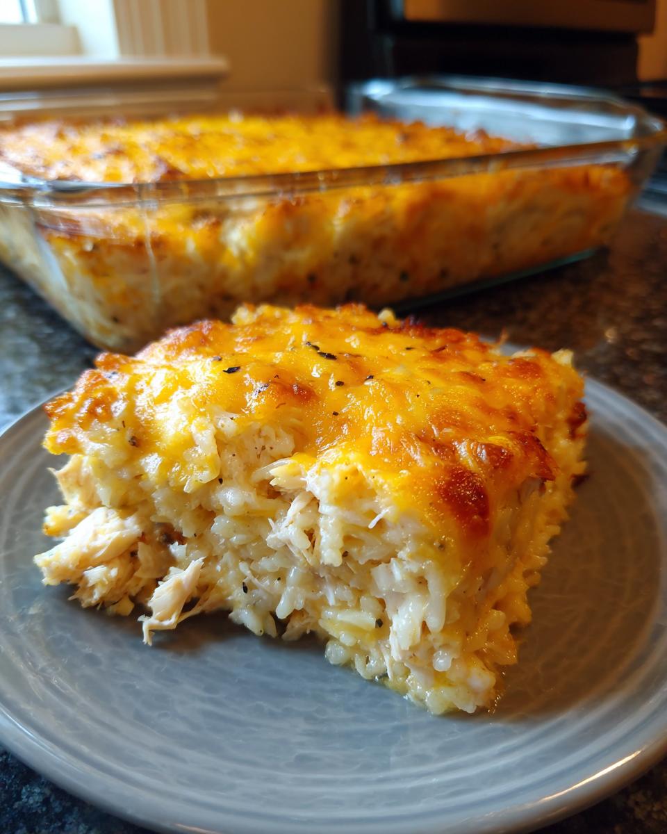 A slice of creamy chicken and rice casserole topped with melted, golden cheddar cheese on a grey plate.