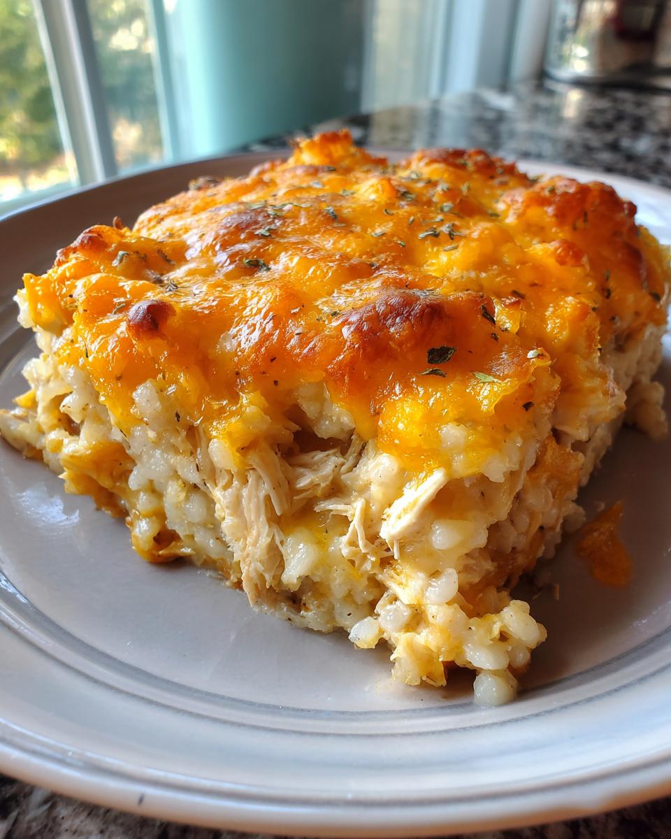 A close-up of a hearty slice of chicken and rice casserole topped with melted, browned cheddar cheese.
