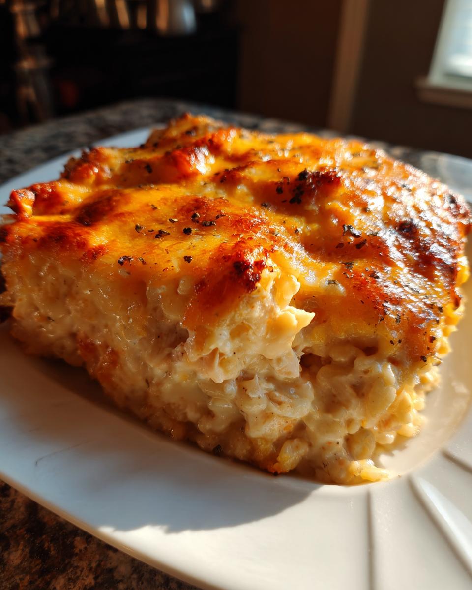 A close-up, sunlit serving of cheesy chicken and rice casserole with a golden-brown, bubbly top.