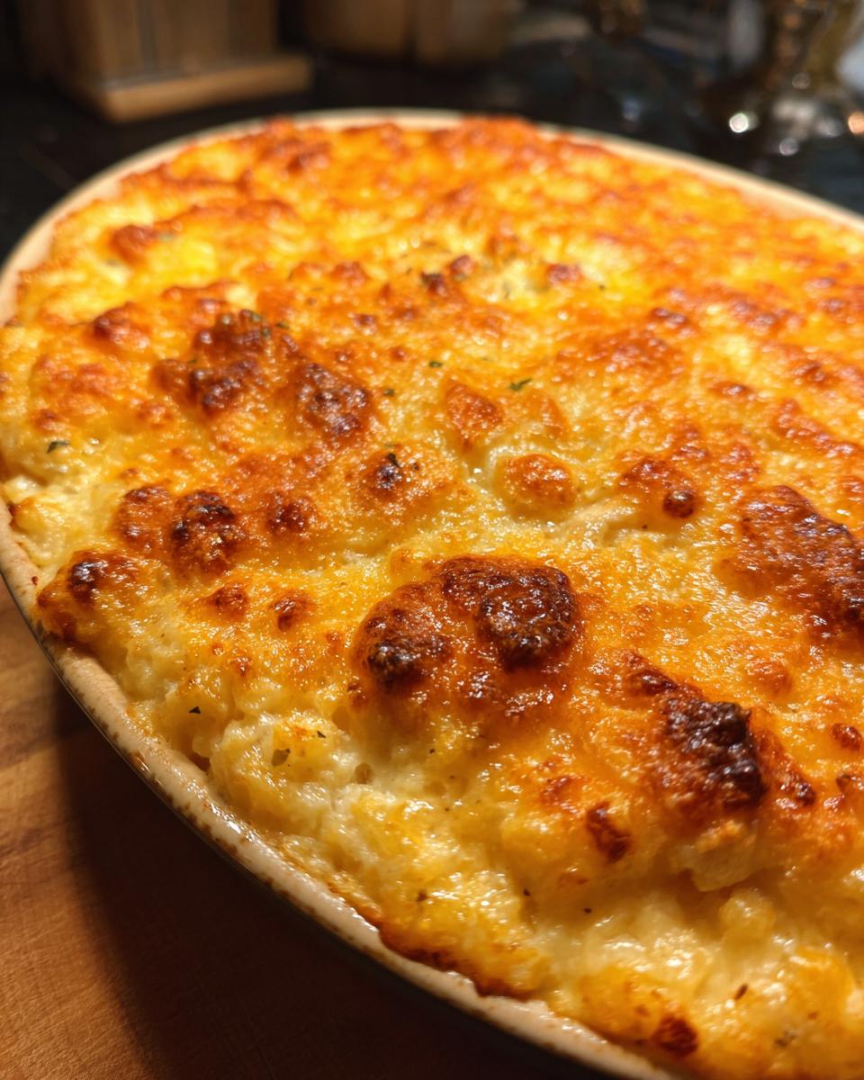 Close-up of a baked cheesy chicken and rice casserole with a bubbly, golden-brown, and slightly charred cheese crust.