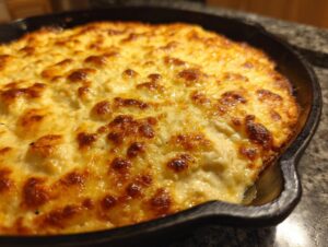Close-up of a bubbly, golden-brown baked cheesy chicken and rice casserole in a black cast iron skillet.