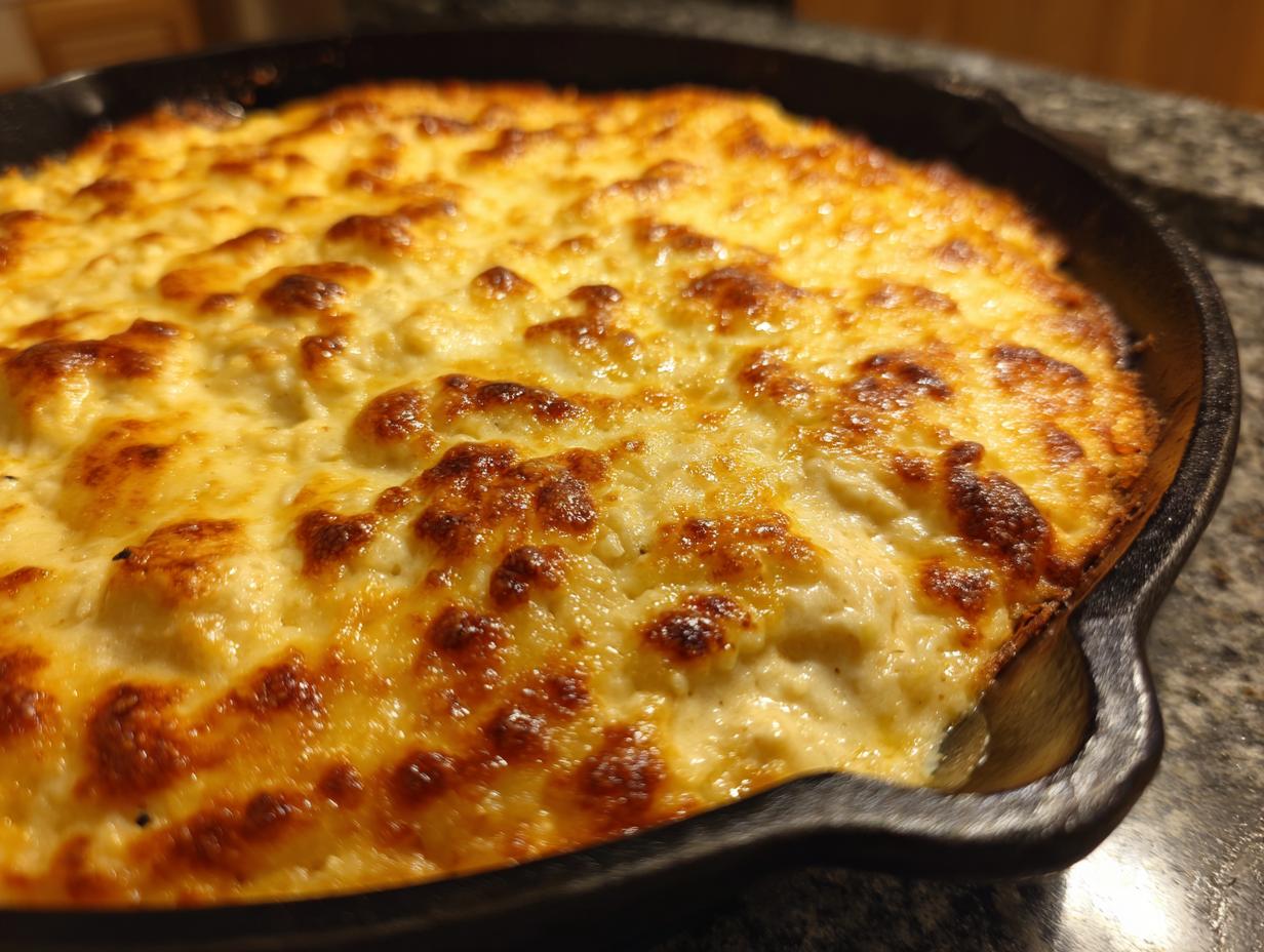 Close-up of a bubbly, golden-brown baked cheesy chicken and rice casserole in a black cast iron skillet.