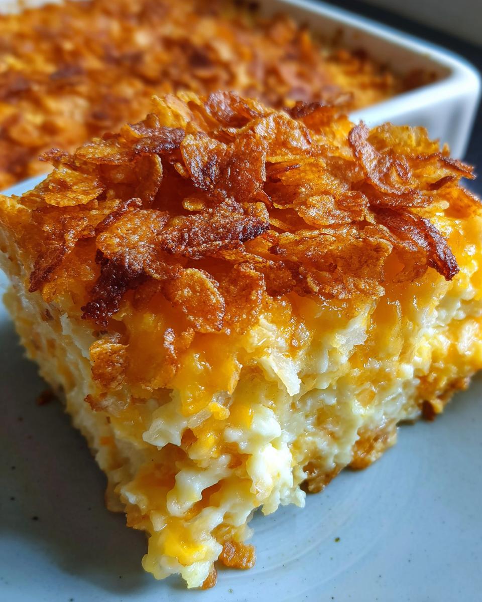 Close-up of a creamy, cheesy slice of hashbrown casserole topped with crispy, browned cornflakes.
