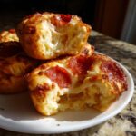 A stack of golden brown pizza muffins with melted cheese and pepperoni, one has a bite taken out showing the cheesy interior.