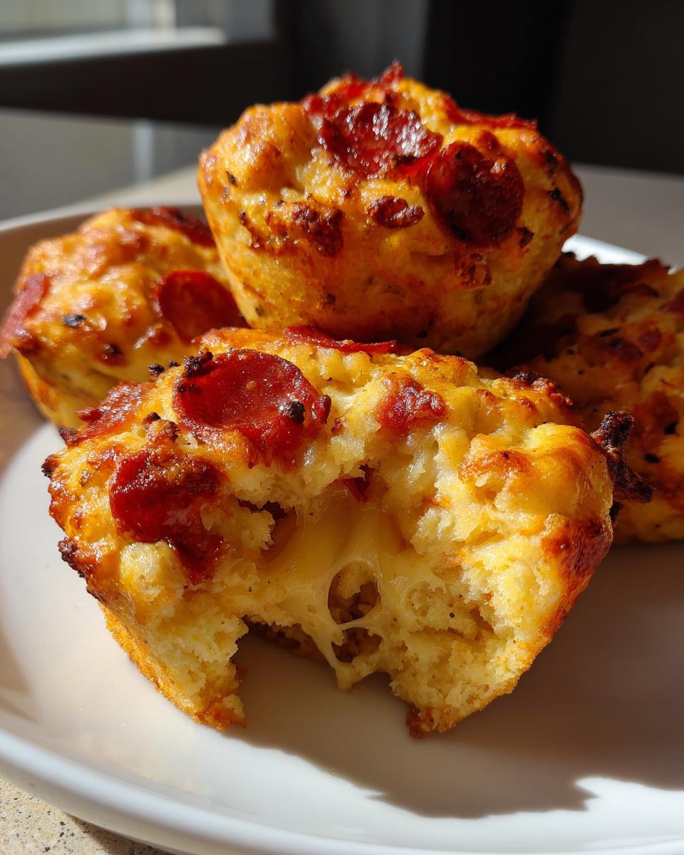 Close-up of four baked pizza muffins, one bitten to show gooey, melted cheese inside.