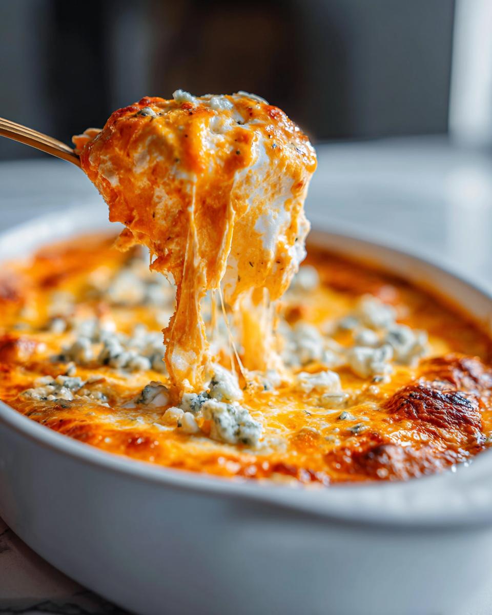A spoonful of hot, cheesy Buffalo chicken dip being lifted, showing a long, gooey cheese pull over the main dish.