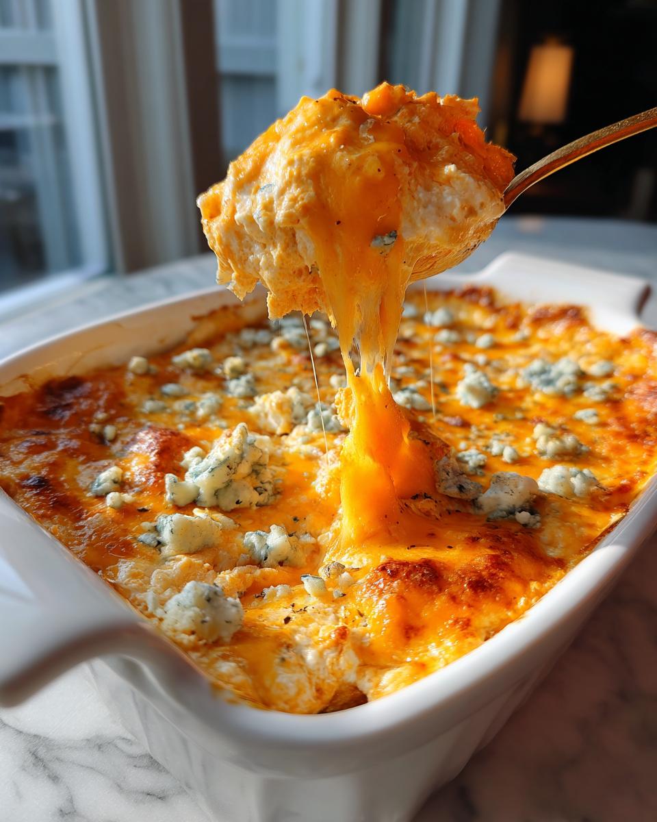 A spoonful of hot, cheesy Buffalo chicken dip is lifted from a white baking dish, showing a dramatic cheese pull and blue cheese crumbles.