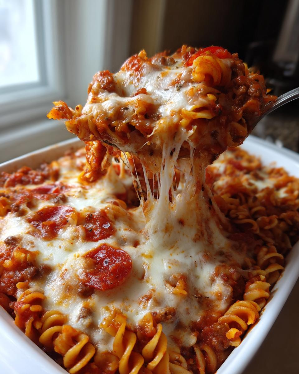 A spoonful of gooey, cheesy pizza pasta being lifted from a white baking dish, showing melted mozzarella strings.