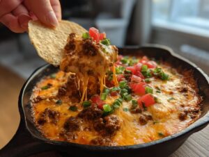 A hand dipping a tortilla chip into hot, cheesy rotel dip, showing long cheese pulls.