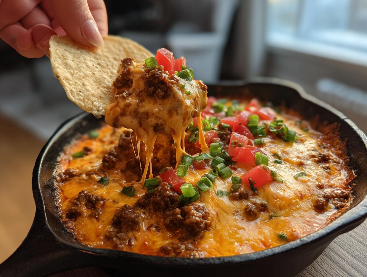 A hand dipping a tortilla chip into hot, cheesy rotel dip, showing long cheese pulls.
