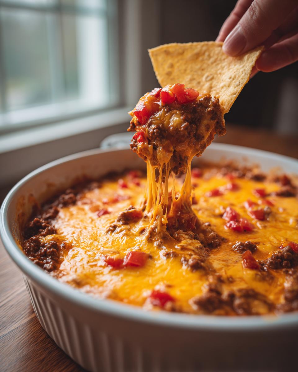 A hand dips a tortilla chip into a hot, cheesy rotel dip, showing long cheese pulls.