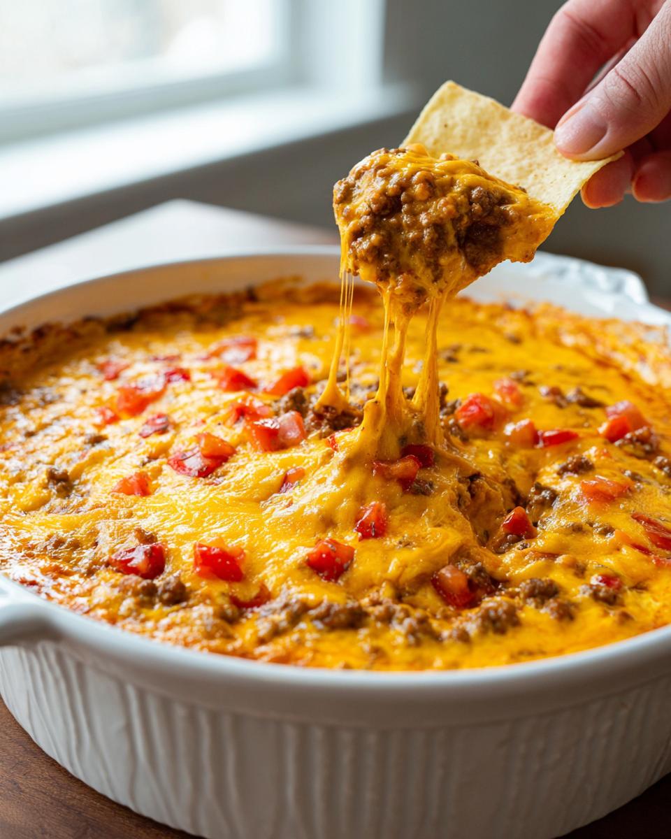 A hand dipping a tortilla chip into hot, cheesy rotel dip, showing long cheese strands stretching from the dip.