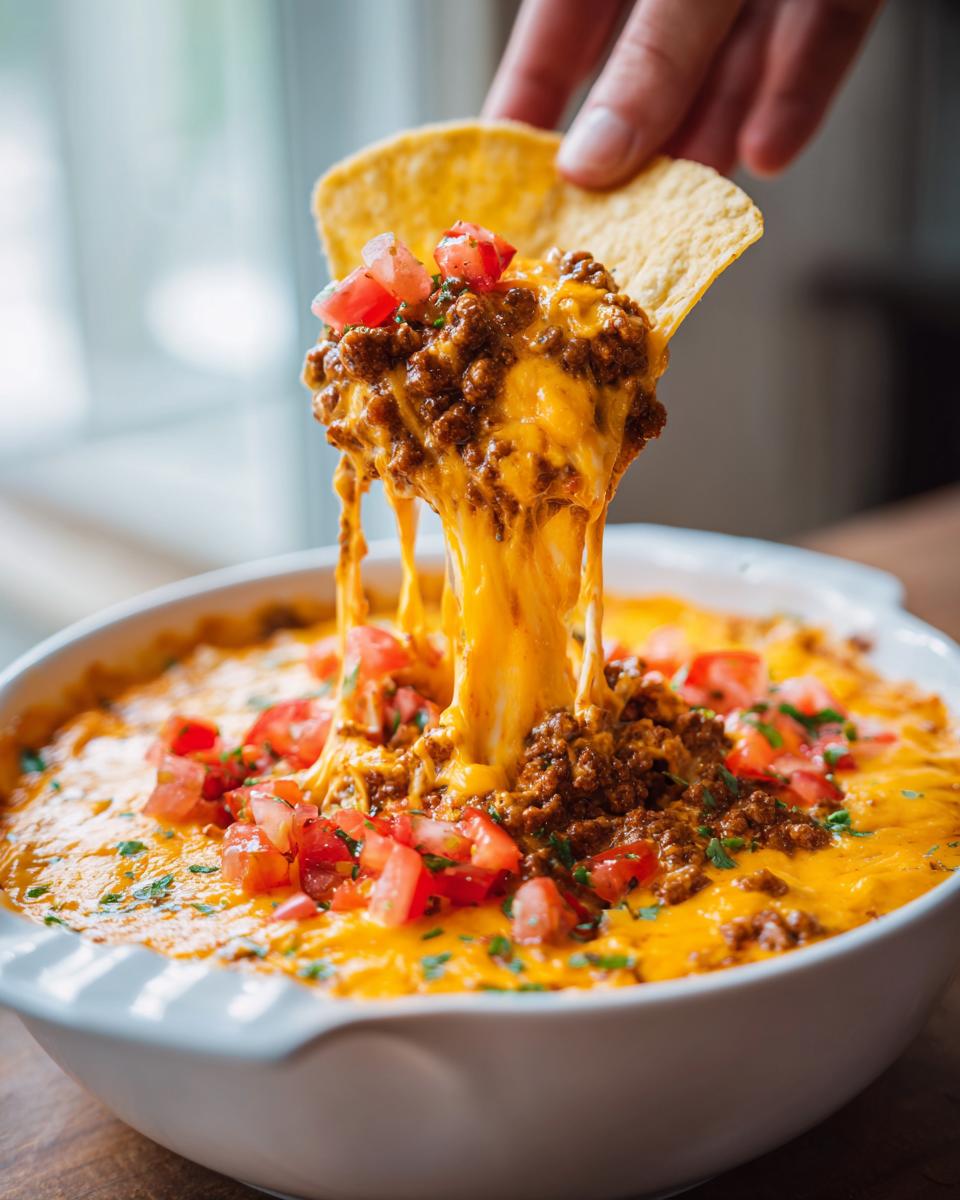 A hand scoops a tortilla chip loaded with cheesy, meaty rotel dip, showing long cheese pulls.