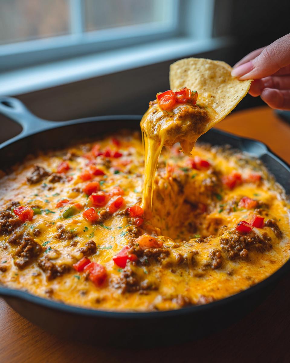 A hand scoops thick, cheesy rotel dip topped with ground meat and diced tomatoes using a tortilla chip, showing a dramatic cheese pull.